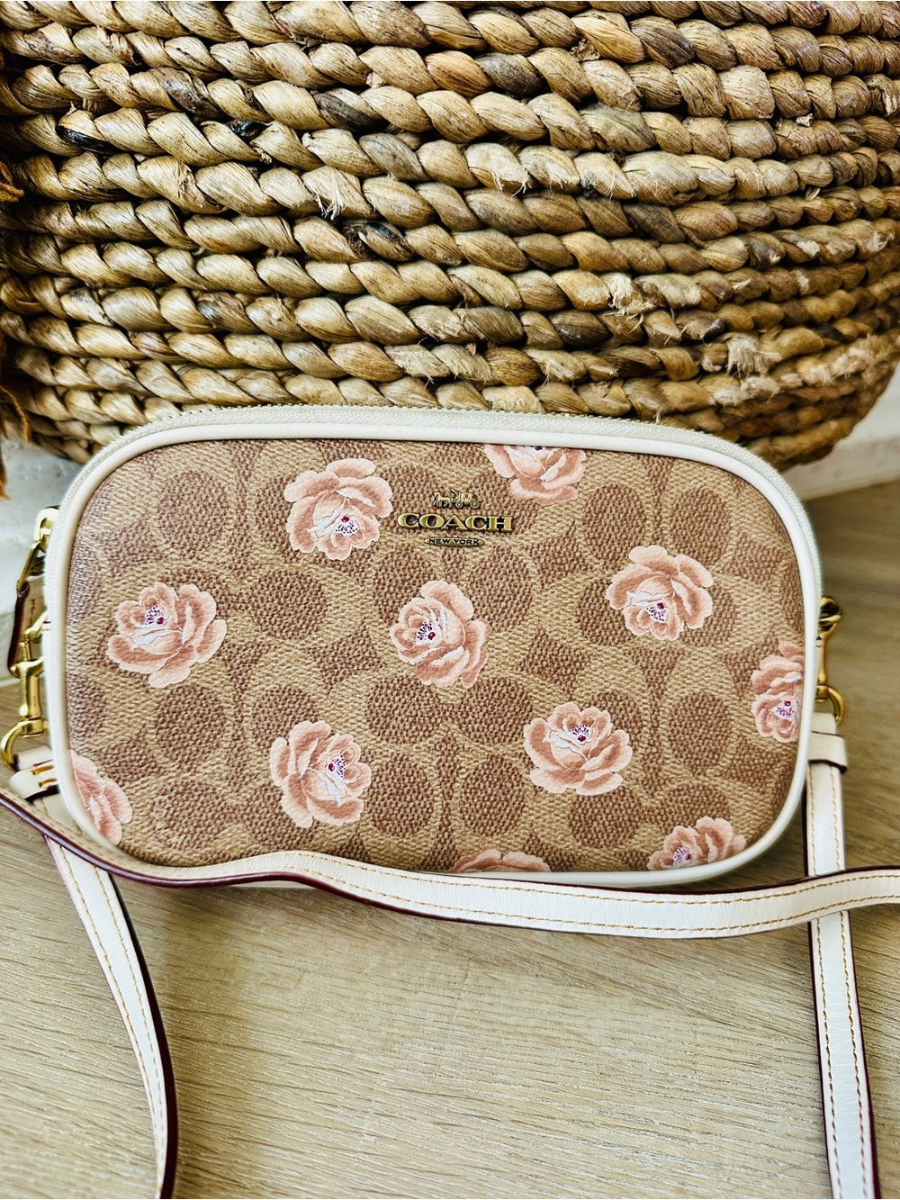 Coach Mini Jamie Camera Bag Rose Signature Crossbody in Beige and Pink